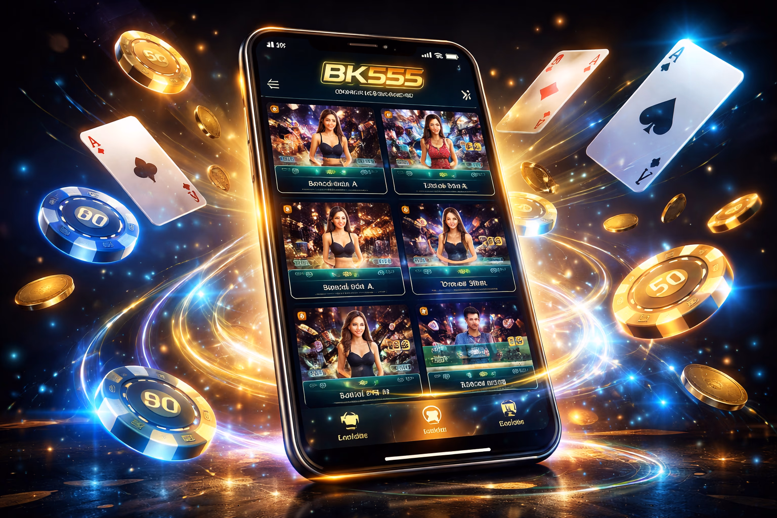 Confident Bangladeshi player launching BK555 app titles on a smartphone with cards and chips glowing around the screen