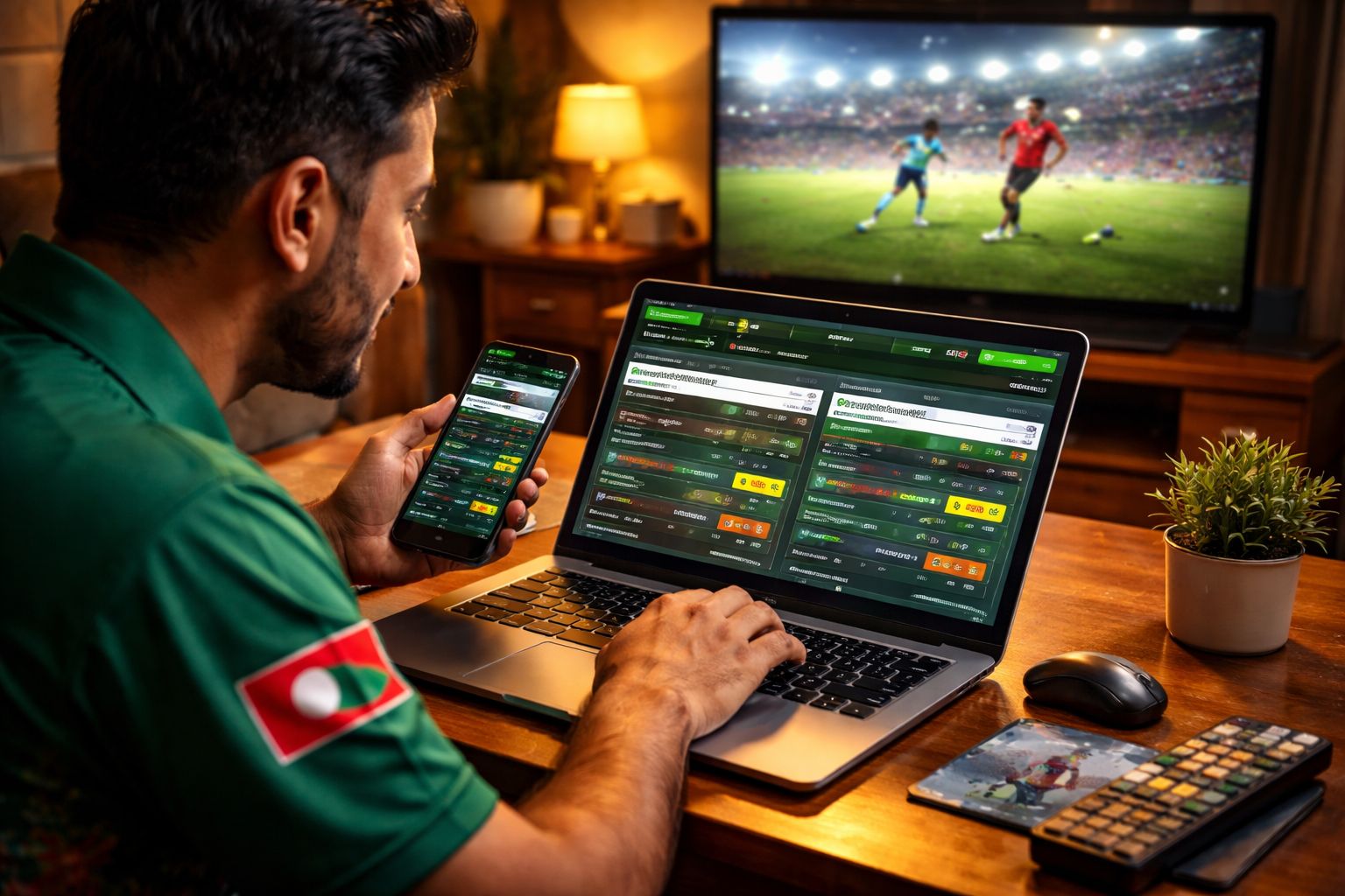 Bangladeshi sports enthusiast reviewing multi-sport betting markets on a laptop through BK555 while watching a live football broadcast