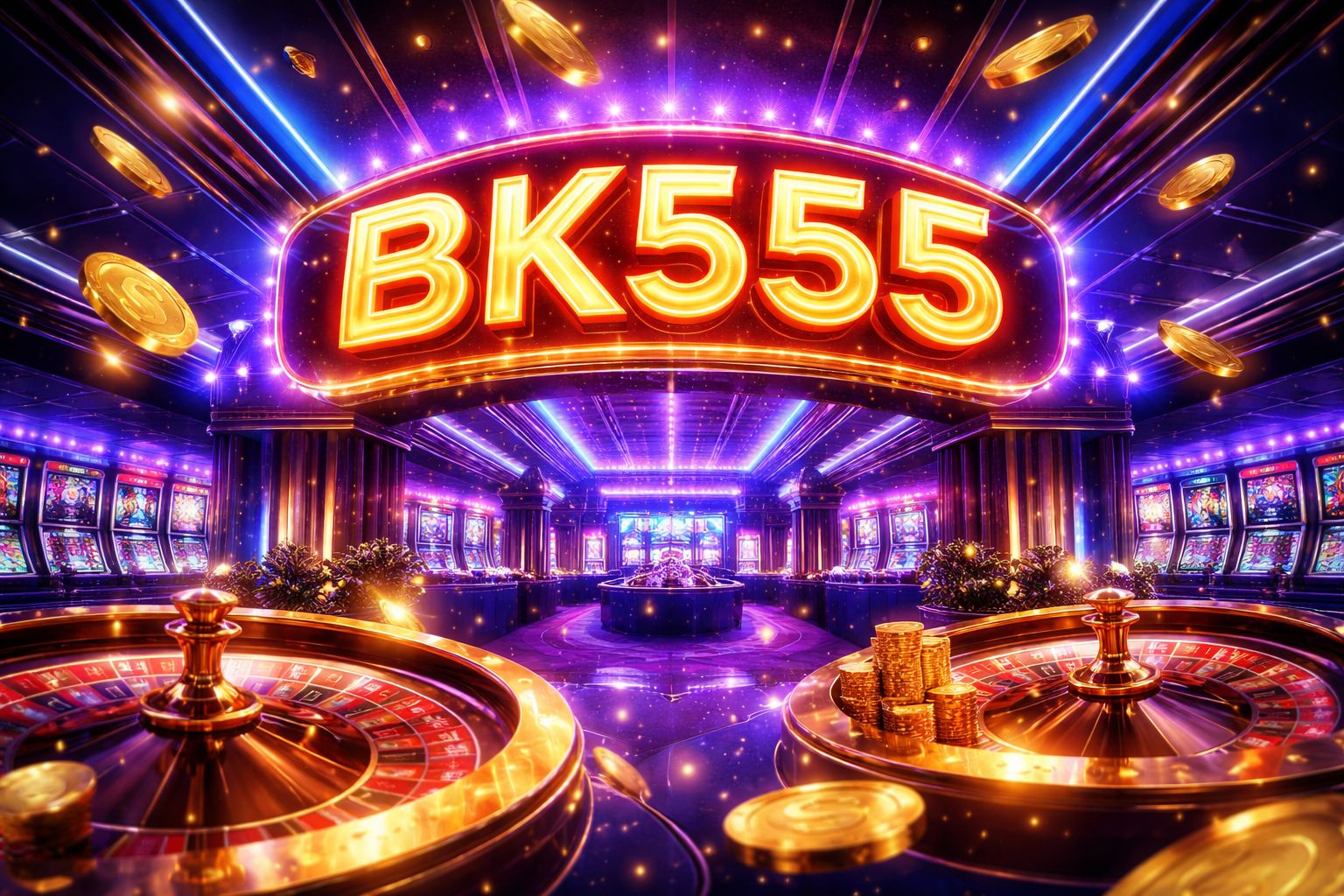 Glowing BK555 neon signboard above a vibrant online casino lobby with roulette wheel and floating chips for Bangladesh players