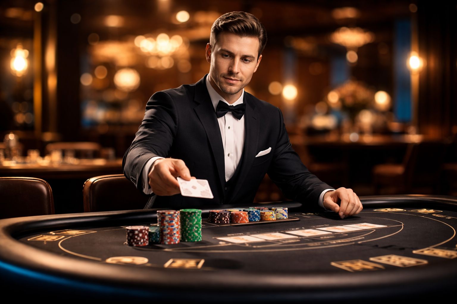 Elegant croupier in professional attire dealing cards at a modern casino table surrounded by soft golden lighting in Bangladesh