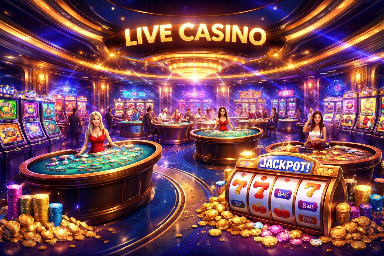 Confident casino host standing beside a roulette wheel with floating chips symbolising the premium live casino experience of BK555 in Bangladesh