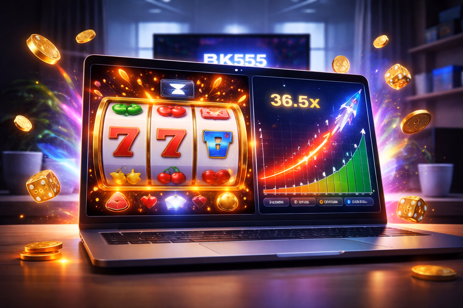Sleek monitor displaying the BK555 crash game with colorful multiplier chart and glowing wager buttons on a modern desktop