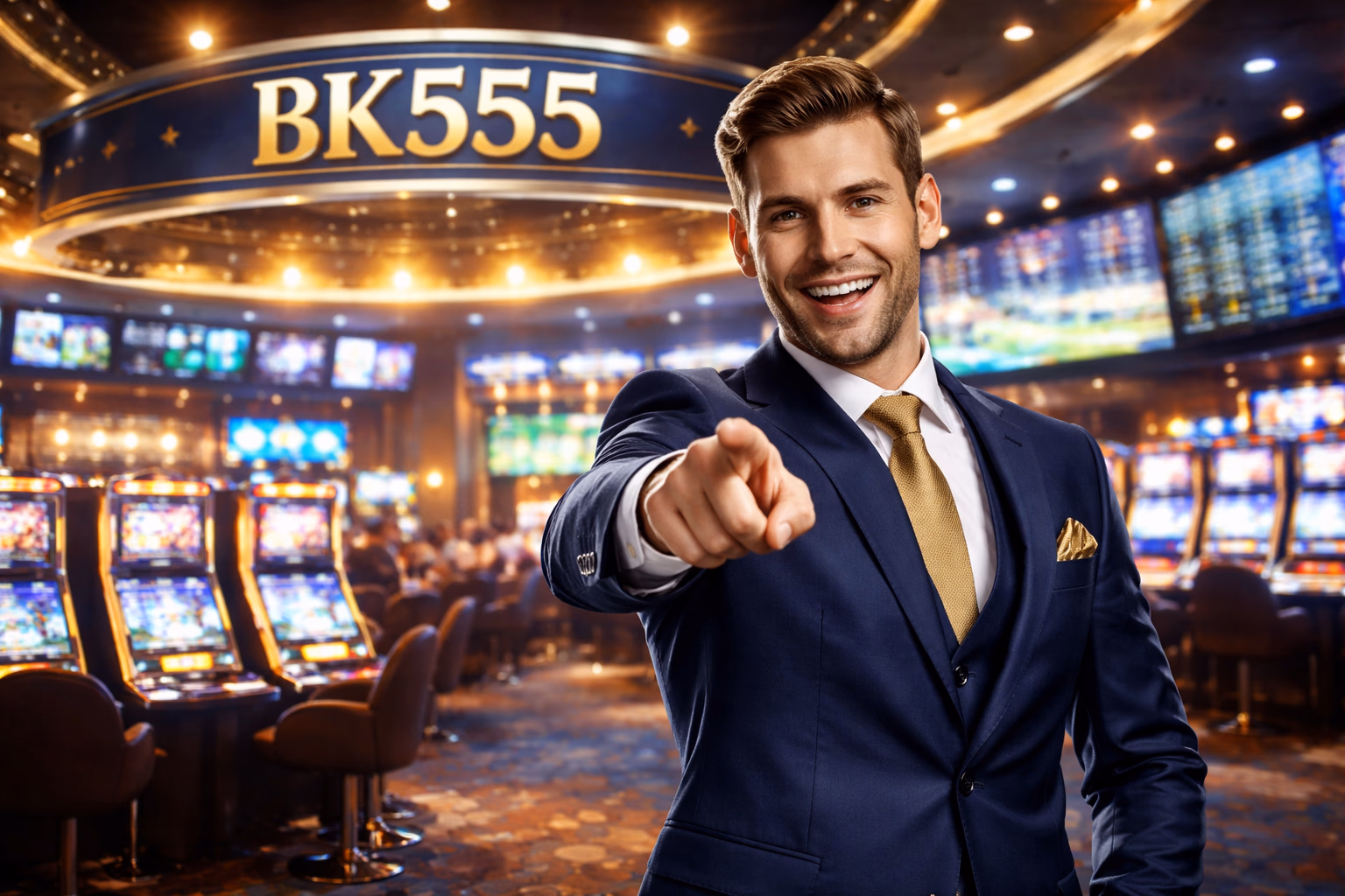 Cheerful casino host pointing forward inside a luminous gaming hall with betting screens and reels in the backdrop showing the BK555 sign-in flow for Bangladeshi punters